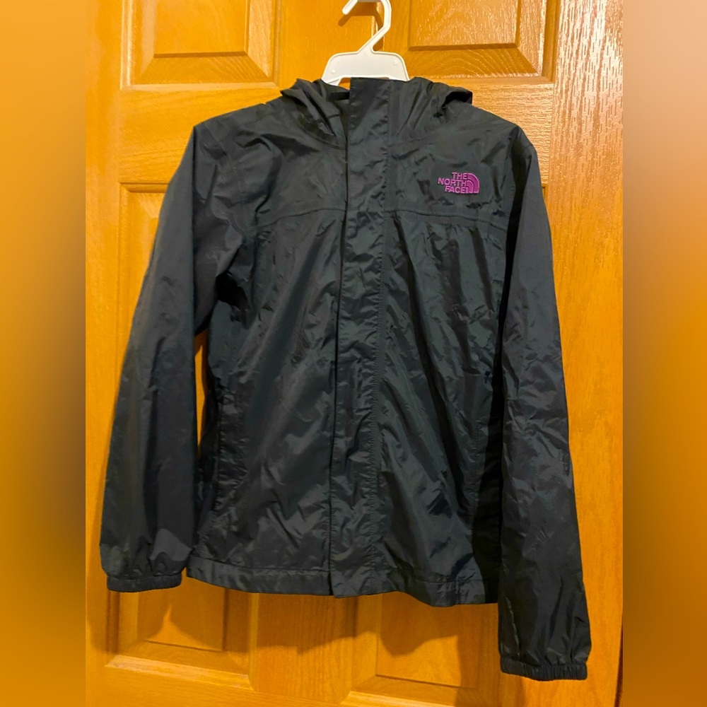 The North Face Kids Black Hooded Rain Jacket with Purple Logo